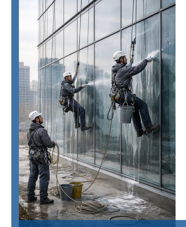 Промышленная мойка панорамных окон на высоте в Нефтеюганске