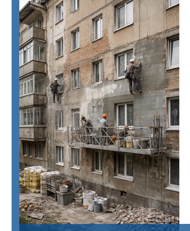 Капитальный ремонт фасада в Нефтеюганске с восстановлением и гидроизоляцией