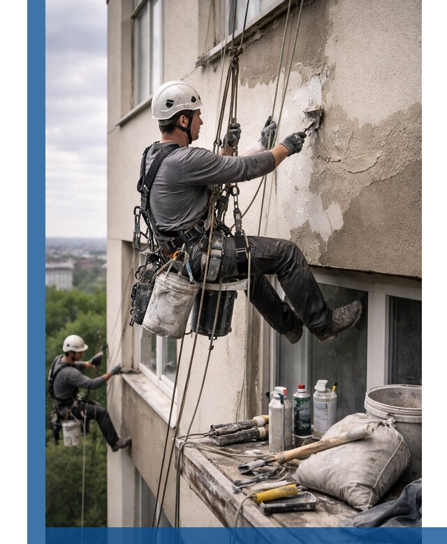 Косметический ремонт фасада зданий в Нефтеюганске промышленными альпинистами