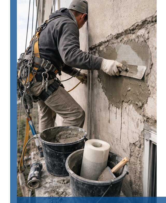 Ремонт бетонных элементов фасада промышленными альпинистами в Нефтеюганске