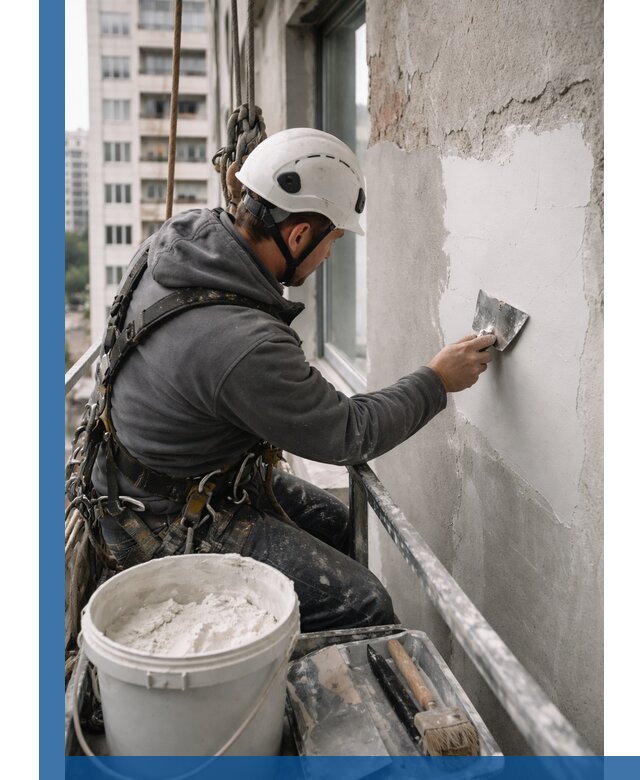 Шпаклевка фасадов на высоте с промальпинистами в Нефтеюганске