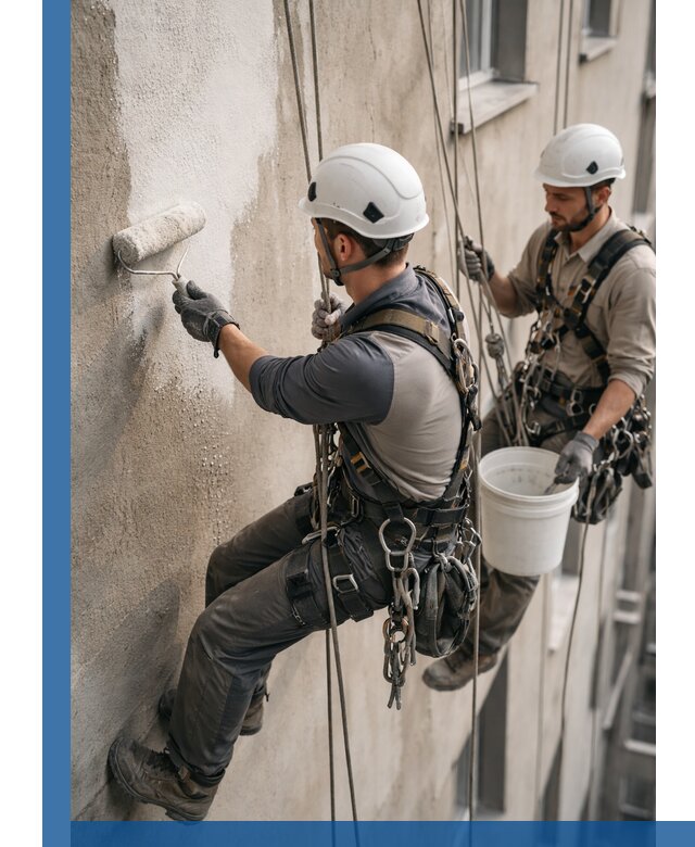 Грунтовка фасада на высоте в Нефтеюганске промышленными альпинистами