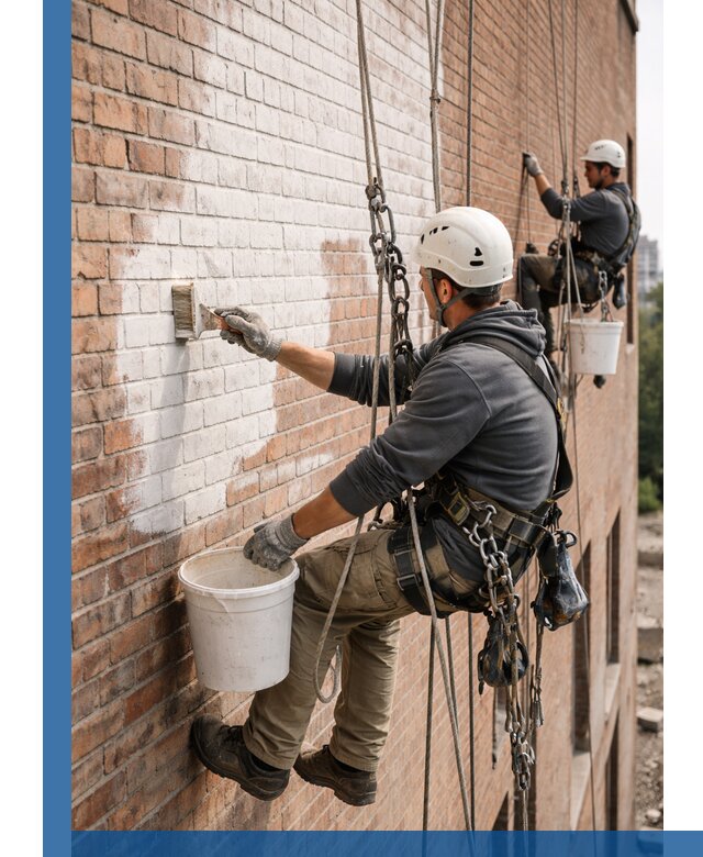 Покраска кирпичного фасада с доступным альпинистским сервисом в Нефтеюганске