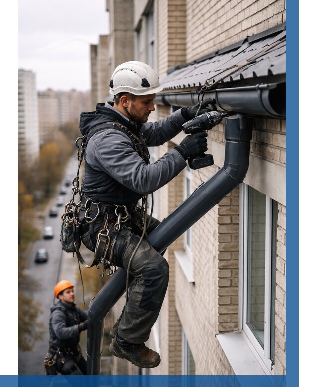 Монтаж водосточной системы на здании в Нефтеюганске от 5084 р. | ВЫСОТНИК-Нфт