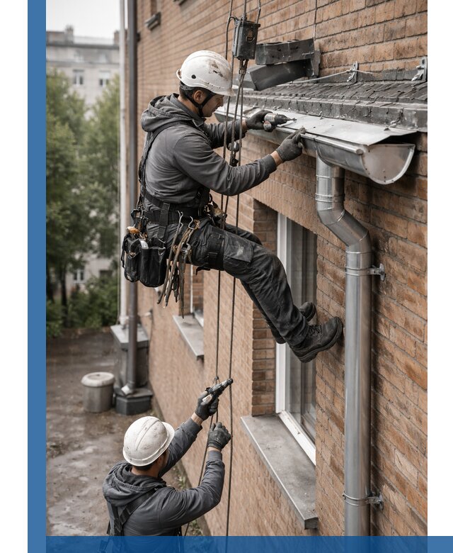 Монтаж водосточной системы на здании в Нефтеюганске под ключ