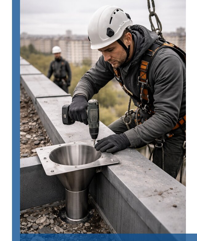 Монтаж водосточных воронок в Нефтеюганске для промышленных зданий