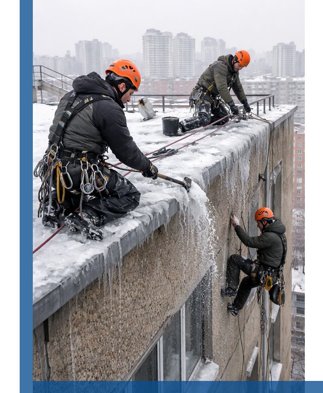 Удаление наледи с кровли в Нефтеюганске промышленными альпинистами