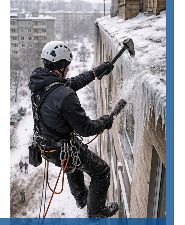 Сбивание сосулек с крыши в Нефтеюганске по цене от 4576 р. | ВЫСОТНИК-Нфт