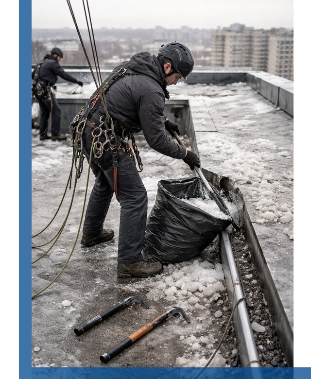 Аварийная очистка кровли в Нефтеюганске от промальпинистов