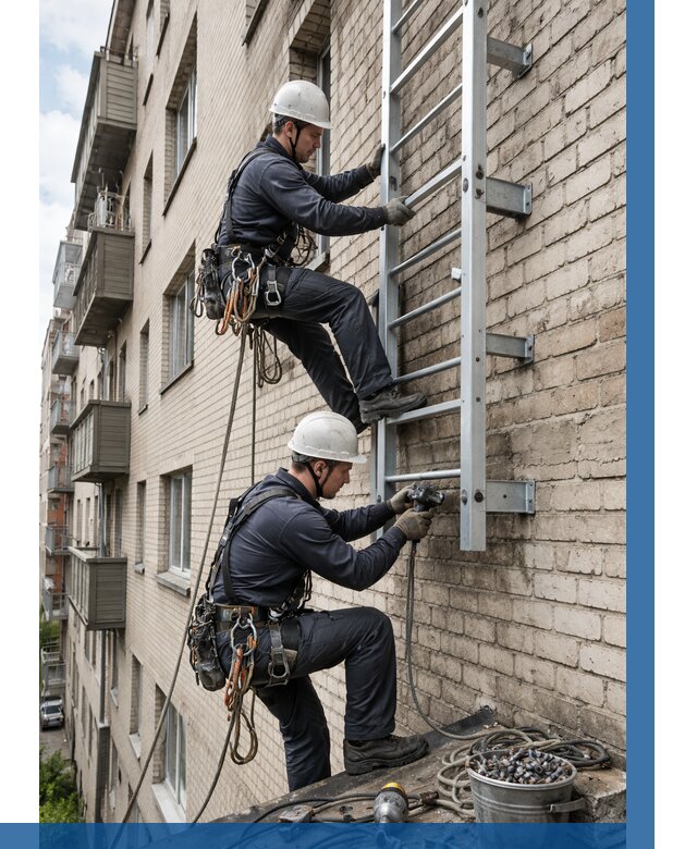 Монтаж пожарной лестницы в Нефтеюганске от 25420 р заказать у ВЫСОТНИК-Нфт