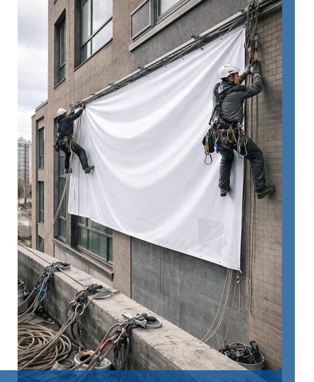 Монтаж баннеров на фасаде в Нефтеюганске от 661 р. заказать ВЫСОТНИК-Нфт