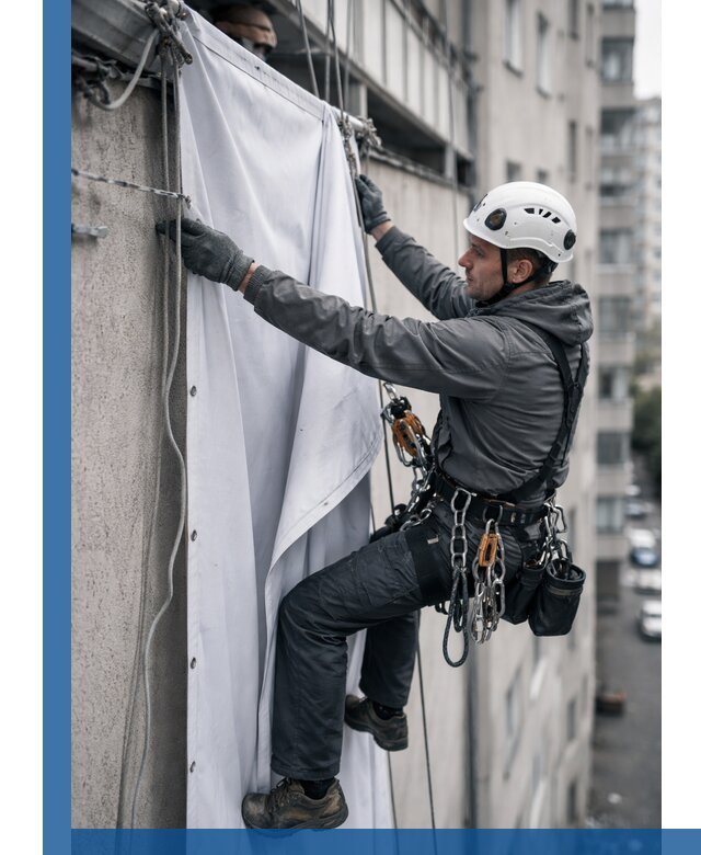 Замена баннерного полотна промышленными альпинистами в Нефтеюганске