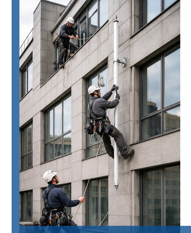 Монтаж флагштока на фасаде здания с креплением и герметикой в Нефтеюганске