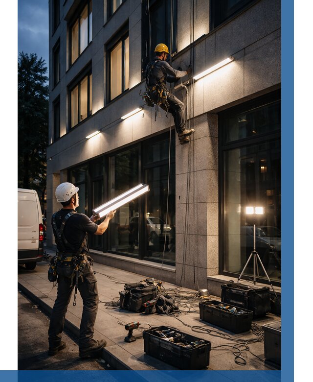 Монтаж архитектурной подсветки здания в Нефтеюганске от 2542 р.|ВЫСОТНИК-Нфт