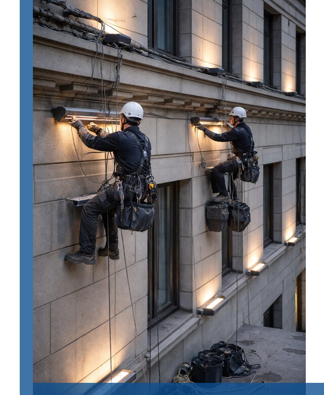 Монтаж архитектурной подсветки фасадов зданий в Нефтеюганске