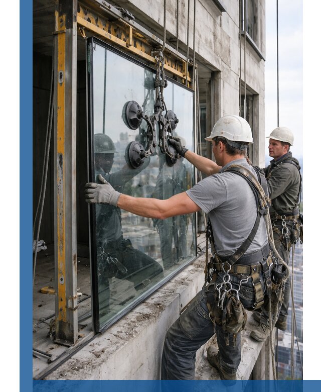 Монтаж стеклопакетов на высоте в Нефтеюганске с промышленным альпинизмом