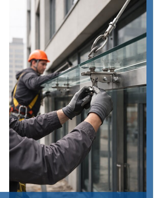 Монтаж стеклянных козырьков в Нефтеюганске от 8643 р. | ВЫСОТНИК-Нфт