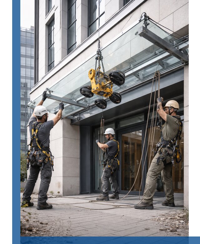 Монтаж стеклянных козырьков под ключ в Нефтеюганске для зданий