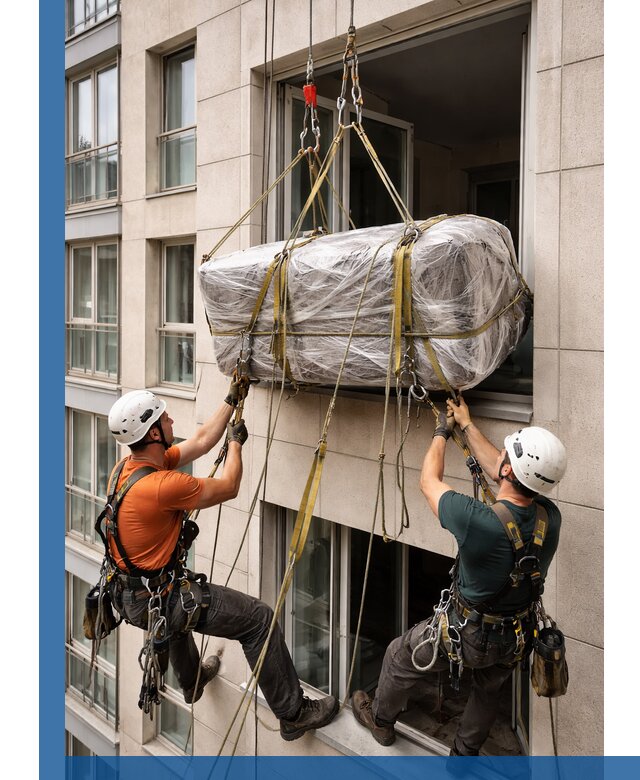 Подъем грузов через окно в Нефтеюганске промышленными альпинистами