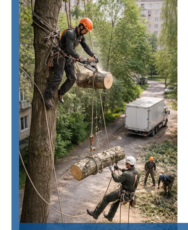 Спил деревьев альпинистами в Нефтеюганске, безопасно и без повреждений