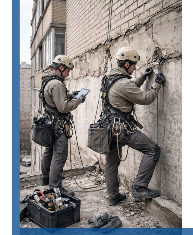 Обследование фасада промышленными альпинистами в Нефтеюганске